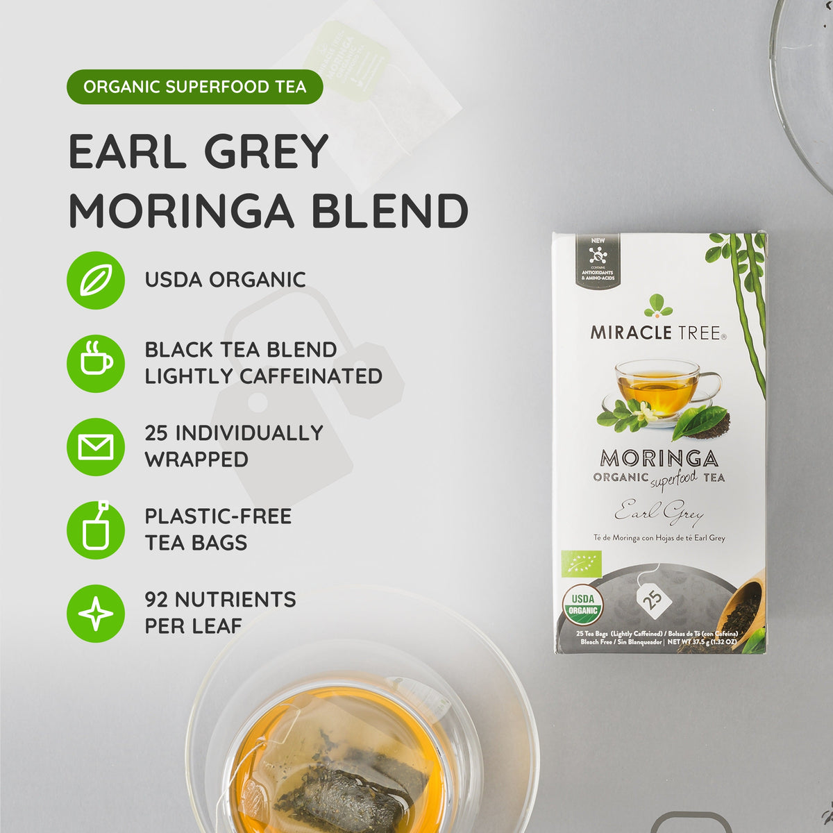 Organic Moringa Tea - Earl Grey - Lightly Caffeinated Herbal Tea