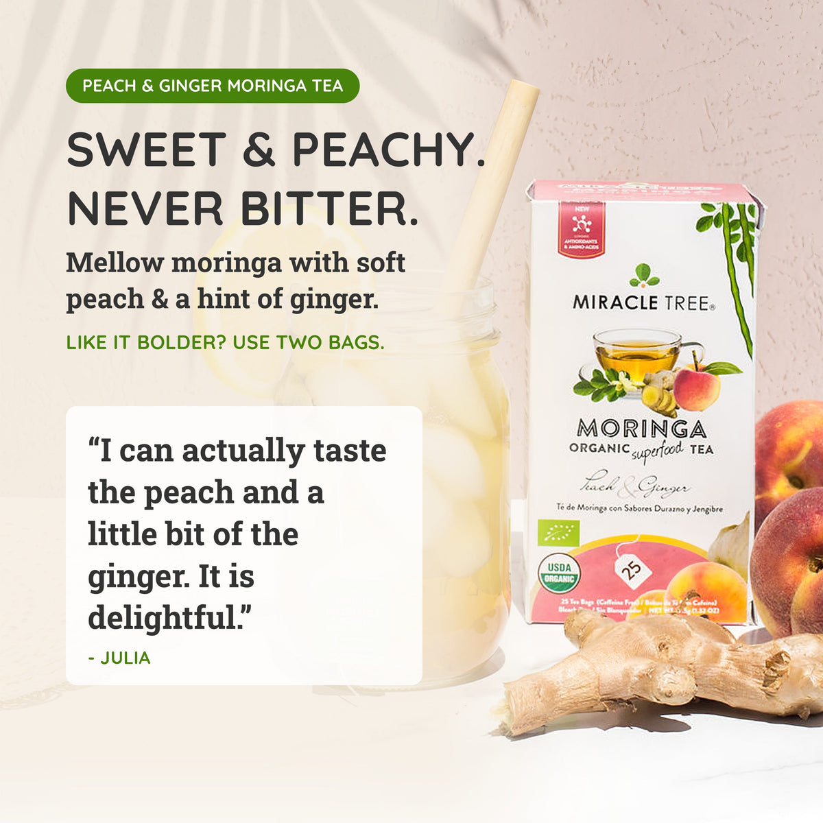 Organic Moringa Tea - Peach & Ginger - Caffeine-Free Herbal Tea