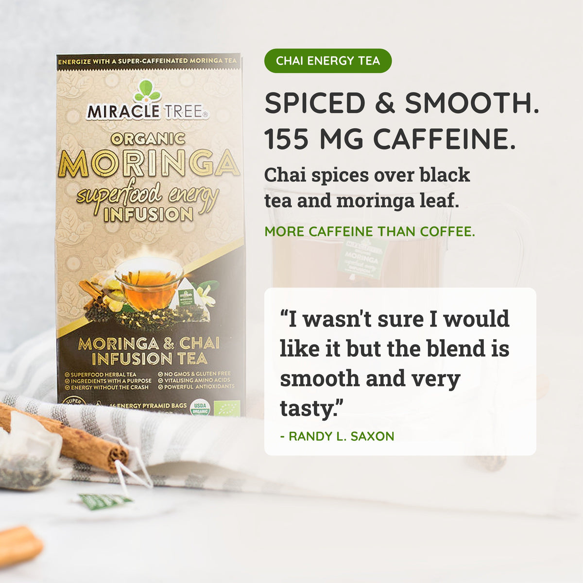 Organic Moringa Energy Tea - Chai - Natural Coffee Alternative