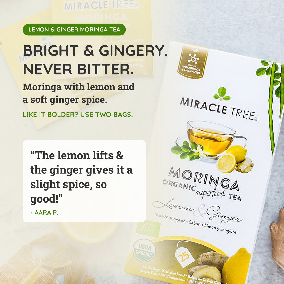 Organic Moringa Tea - Lemon & Ginger - Caffeine-Free Herbal Tea
