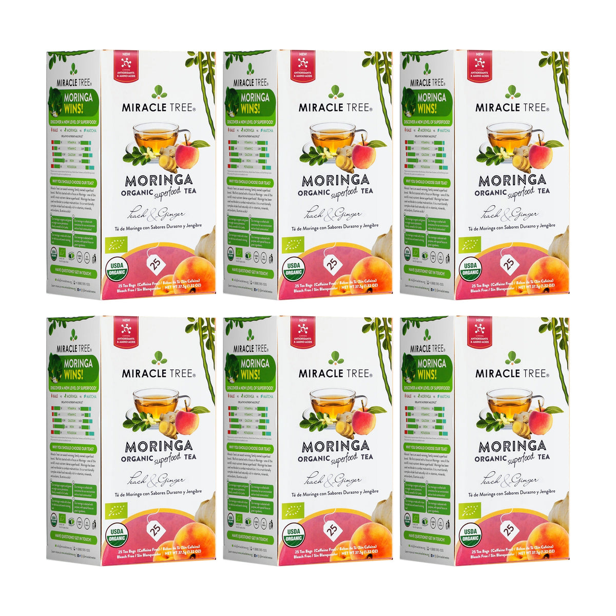 Organic Moringa Tea - Peach & Ginger - Caffeine-Free Herbal Tea